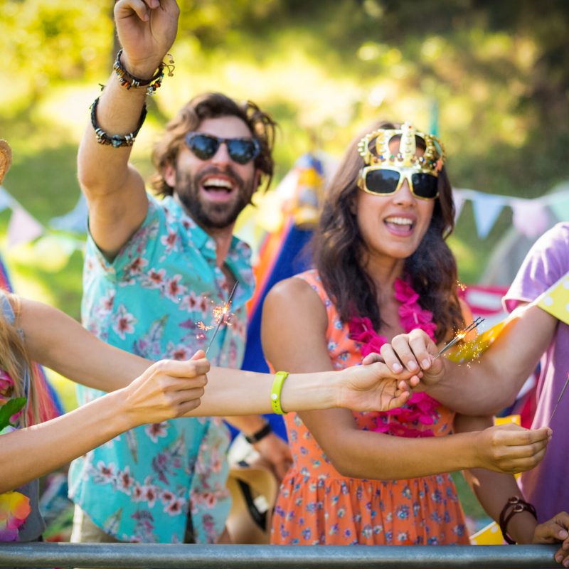 Friends dancing at music festival in park on a sunny day